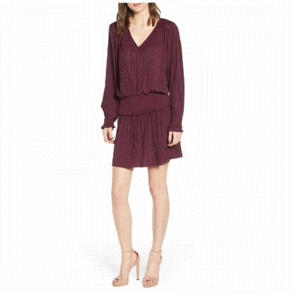 CHELSEA28 Smock Waist Pleated Wine Dress